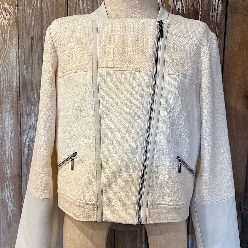 NWT CHICO’S Moto Jacket Size 2 (US 12) MSRP $149 Winter Wheat Cream with Pockets - Picture 3 of 16